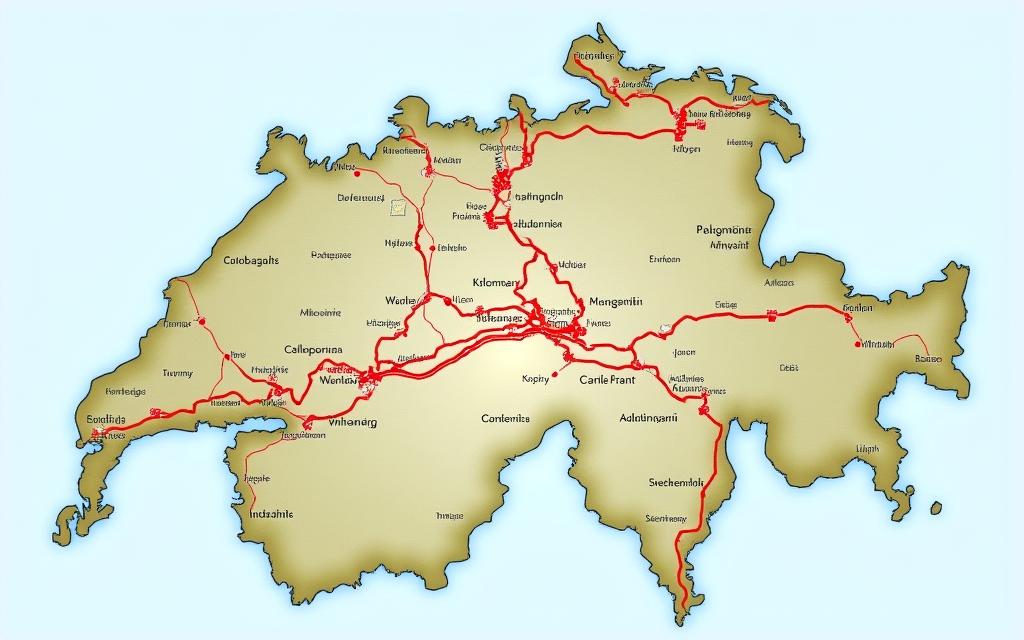 Eine detaillierte Karte der Schweiz, auf der alle vignettenpflichtigen Autobahnen rot markiert sind.